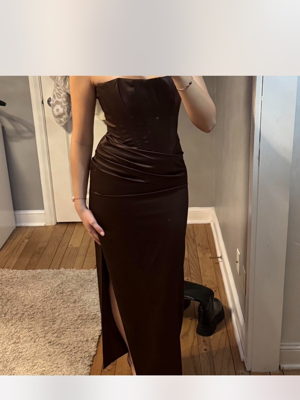 Bardot One-Shoulder Brown Satin Evening Gown - Picture 3 of 3